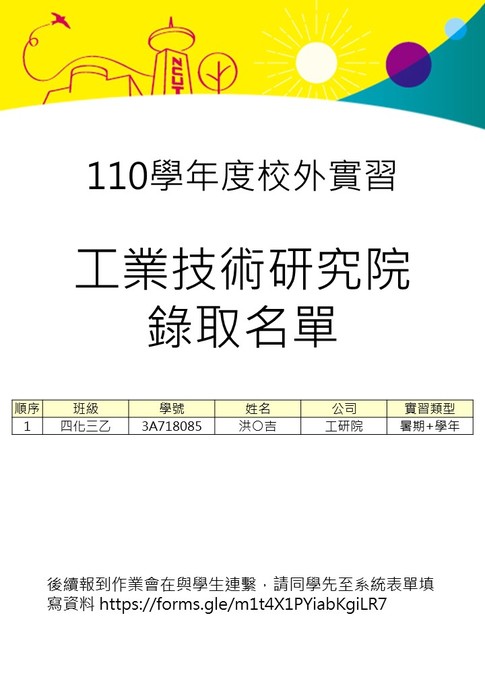 110學年度校外實習-工業技術研究院錄取名單公告圖片