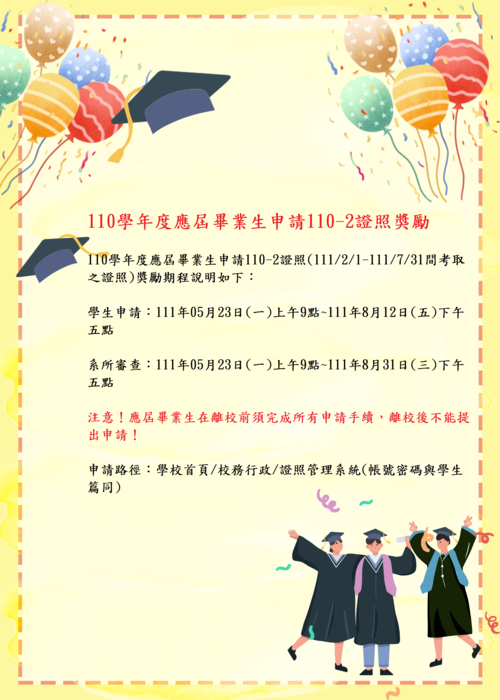 110學年度應屆畢業生申請110-2證照獎勵，請務必注意時程圖片